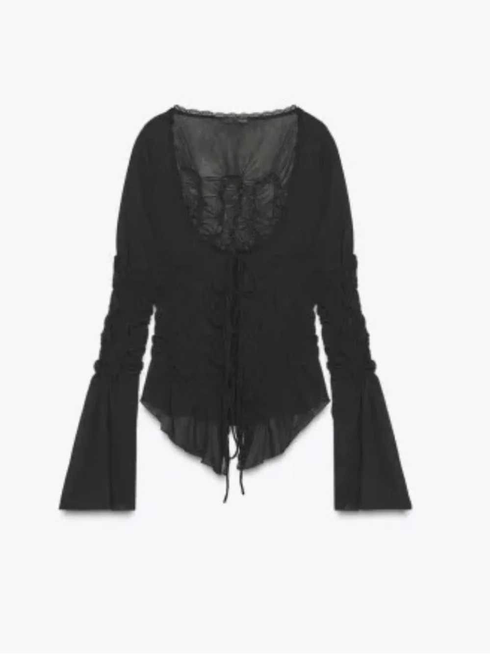 Zara Black Lace-Trim Tie-Front Long Sleeve Top